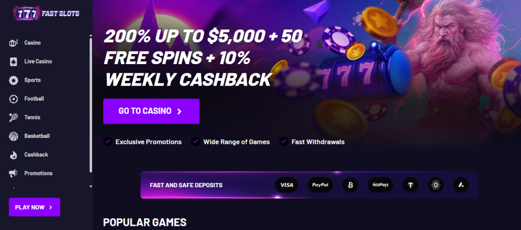 Image of fast slots landing page, showcasing $5000 welcome offer, payment options and main selection of games fast slots - best online casino sites malaysia